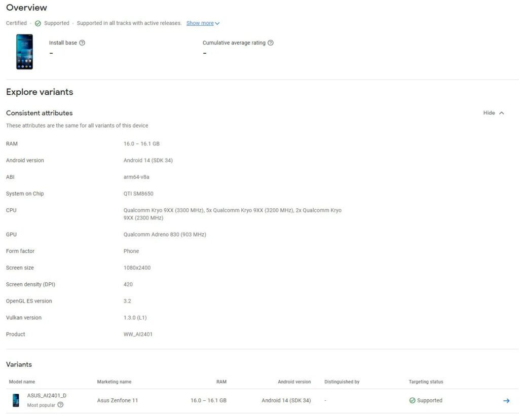 Asus Zenfone 11 Google Play Console