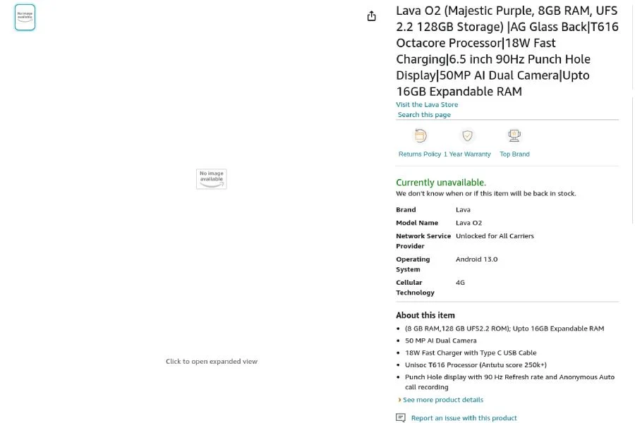 Lava O2 Specifications Amazon