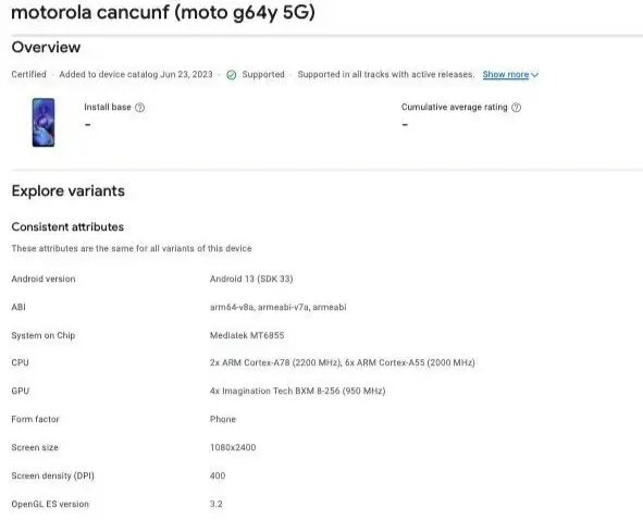 Moto G64y 5G Google Play Console Listing