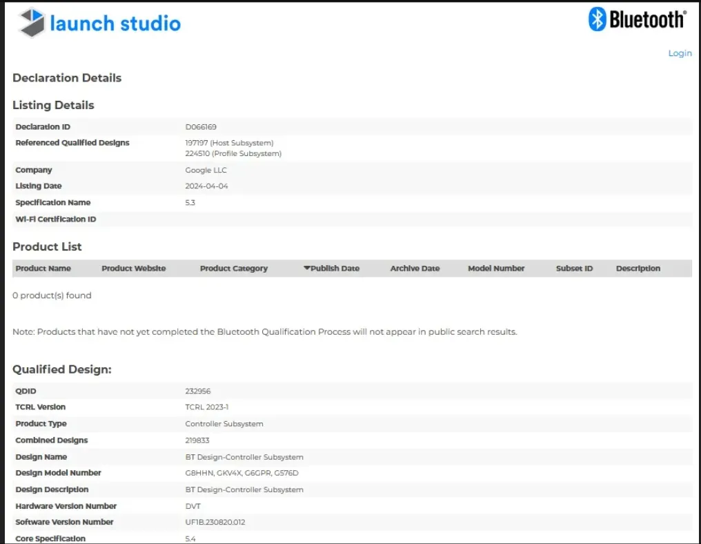 Google Pixel 8a Bluetooth SIG certification details see
