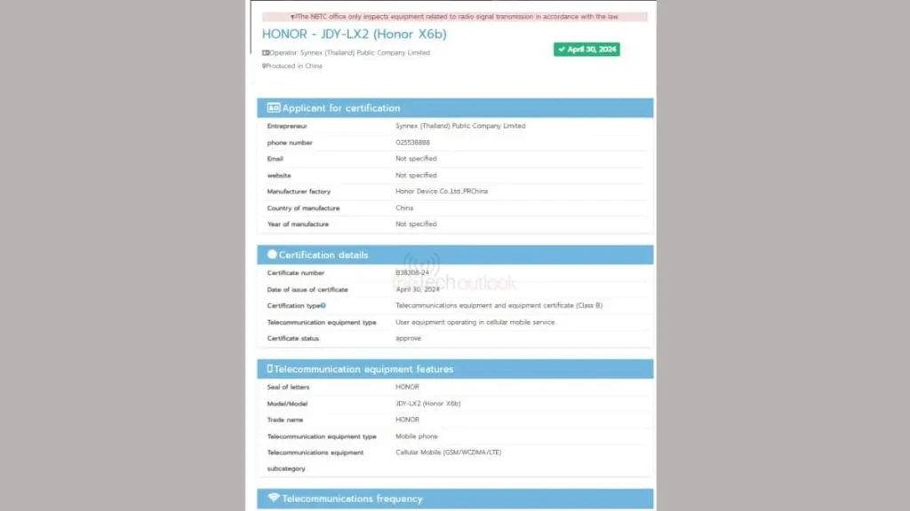 Honor X6b 4G NBTC Listing