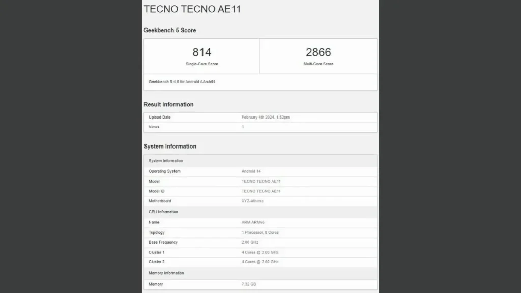 TECNO Phantom V2 Flip Geekbench report